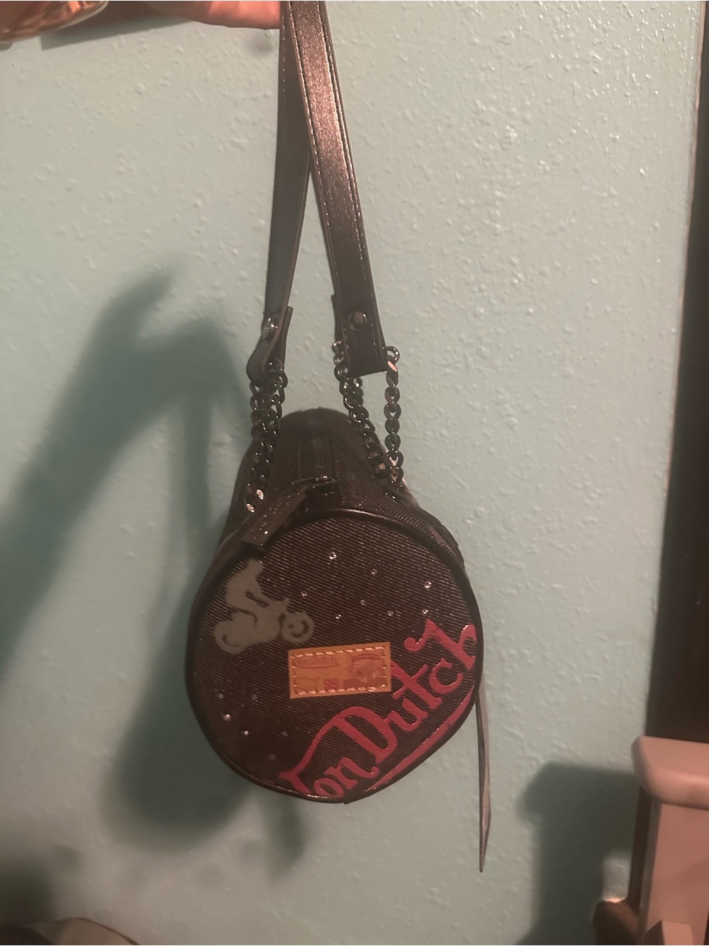 Von Dutch Round Mini Crossbody in Brown with Pink Logo